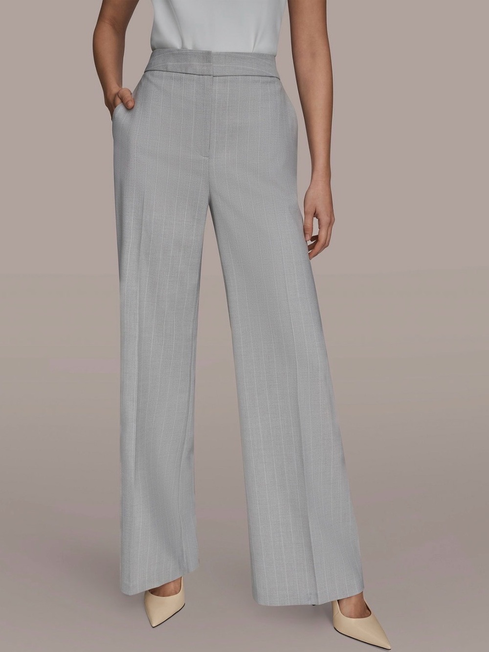 Donna Karan Light Gray Wide-Leg Pinstripe Pants